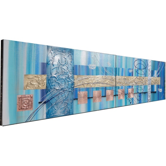 Abstract Painting gold stripe blue diptych textured wall art A312 Acrylic Original Contemporary Art
