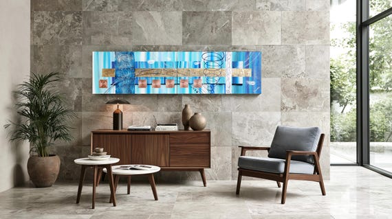 Blue Gold Abstract Painting Diptych A312 Textured Acrylic Wall Art by Ksavera