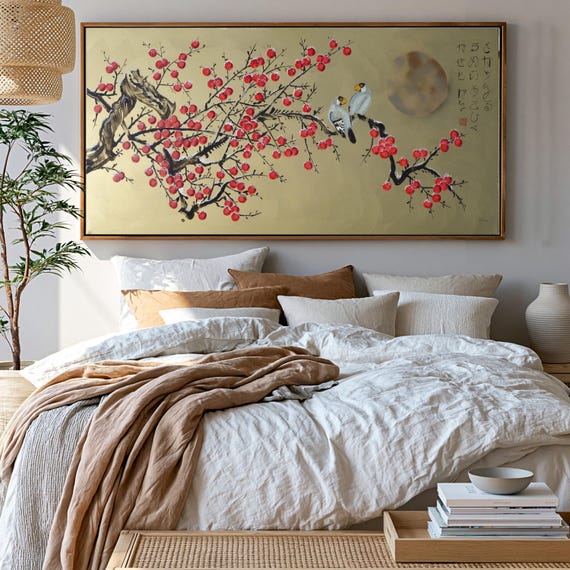 Japanese birds J395 by artist Ksavera - gold extra large original acrylic painting on unstretched canvas 100x210cm