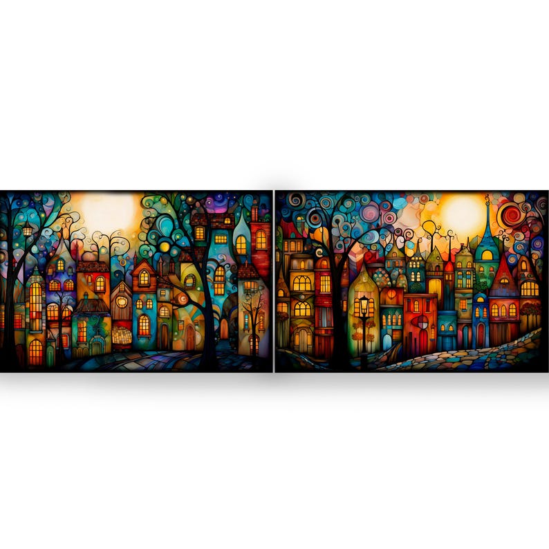 The image is a vibrant, colorful painting depicting a whimsical, fantastical cityscape with various buildings, trees, and elements arranged in a visually striking manner.