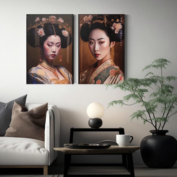 Japanese Gold Geisha Prints DS0248 Diptych Set of 2, Ready to Hang Canvas by Ksavera