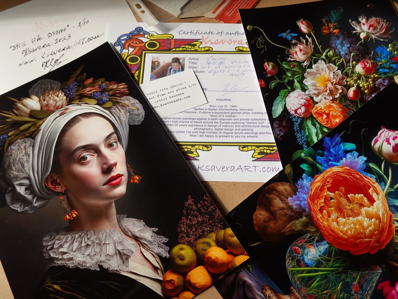 Puede incluir: Una colecci&oacute;n de grabados art&iacute;sticos con naturalezas muertas florales y retratos. Una impresi&oacute;n muestra a una mujer con un tocado blanco y un vestido negro. Otras impresiones muestran vibrantes ramos y arreglos frutales. Tambi&eacute;n se incluye un certificado de autenticidad.