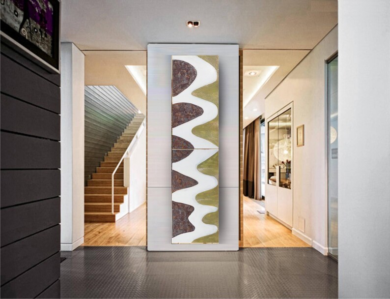 a modern hallway with a large abstract painting hanging on the wall. The hallway has a wooden floor and white walls, creating a clean and minimalist aesthetic.