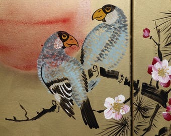 Japandi Triptych Painting J195 Cherry Blossoms and Love Birds in