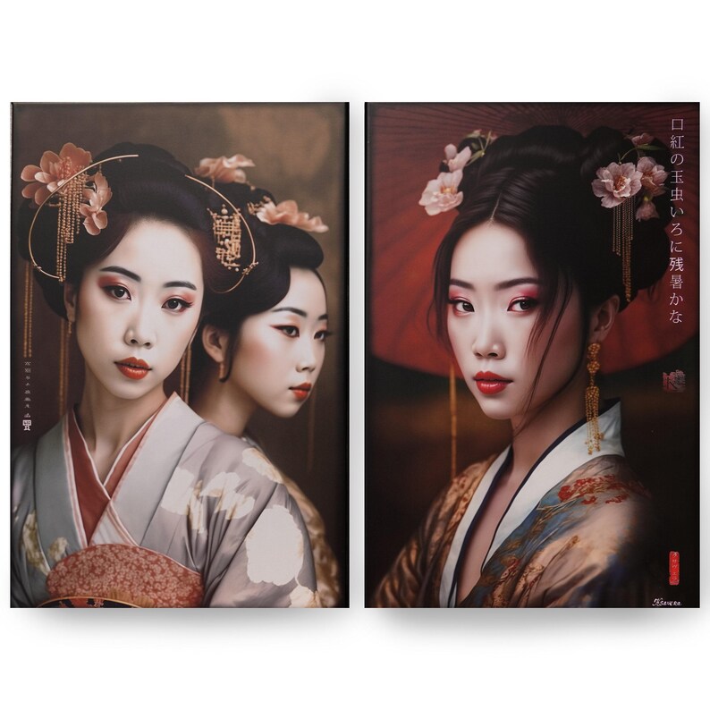 The image is a collage of two portraits of women wearing traditional Japanese kimonos, with floral headpieces and elegant hairstyles.