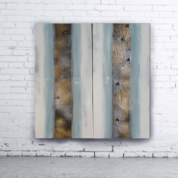 grey Abstract Painting Gold stripe diptych textured wall art A200 Acrylic Original Contemporary Art KSAVERA mid century modern art