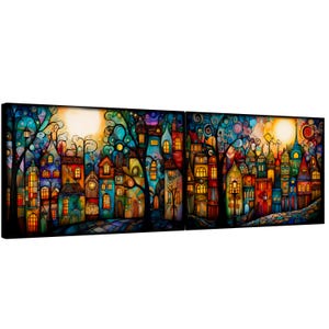 The image is a vibrant, colorful painting depicting a fantastical cityscape with intricate, swirling patterns and designs.