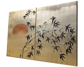 Gold Paintings J322 - Bamboo and Love Birds - Japanese Style