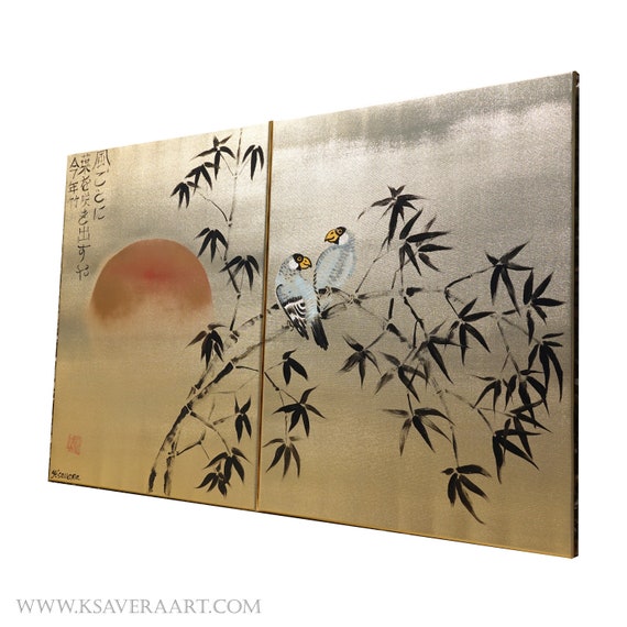 Gold paintings J322 - Bamboo and love birds - Japanese style painting Japan art stretched canvas acrylic wall art by artist Ksavera