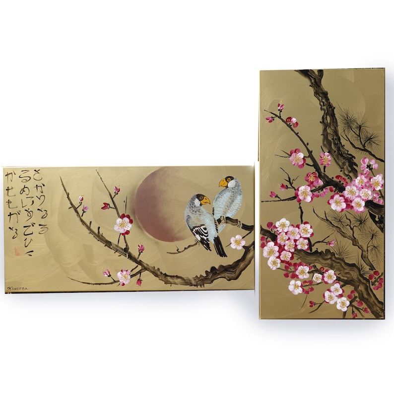 Long japanese paintings Japan art cherry blossom and sun Japanese style painting Sakura J247 acrylic paintings by artist Ksavera image 3