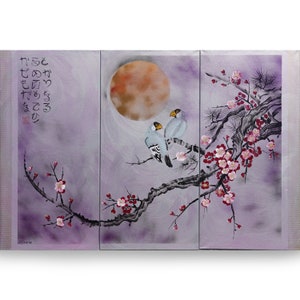May include: A tri-panel painting with a purple background featuring a branch of a flowering tree with pink blossoms and two light blue birds perched on the branch. The moon is visible in the background. The painting includes Japanese text.