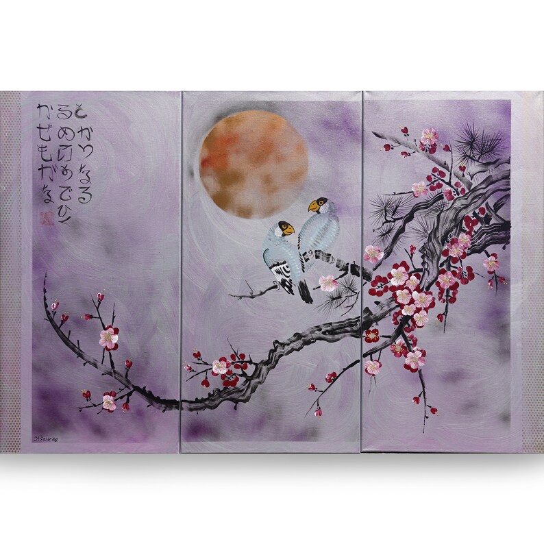 May include: A tri-panel painting with a purple background featuring a branch of a flowering tree with pink blossoms and two light blue birds perched on the branch. The moon is visible in the background. The painting includes Japanese text.