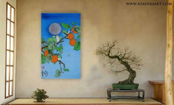 Persimmon branch moon and birds Japan Hieroglyph original artwork in japanese style J099 ready to hang painting wall art by artist Ksavera