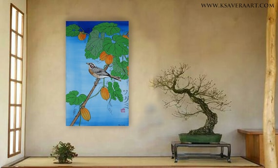 Catbird on the branch Japan Hieroglyph original artwork in japanese style J105 ready to hang acrylic painting wall art by artist Ksavera