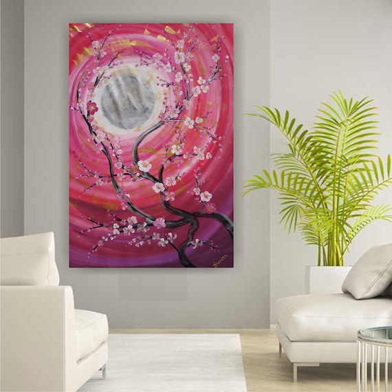 Cherry blossom sun Zen japanese style Large acrylic painting 110x160 cm unstretched canvas J098 Japan art original artwork by artist Ksavera