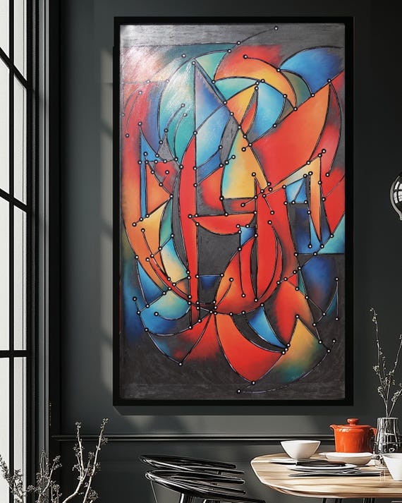 Modern Abstract Wall Art A1455 Geometric Red and Turquoise Canvas Painting by Ksavera