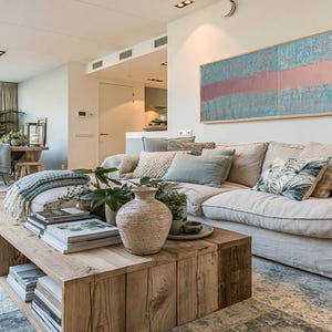 a modern and stylish living room with a large white sofa, a wooden coffee table, and various decorative elements such as potted plants, vases, and books.