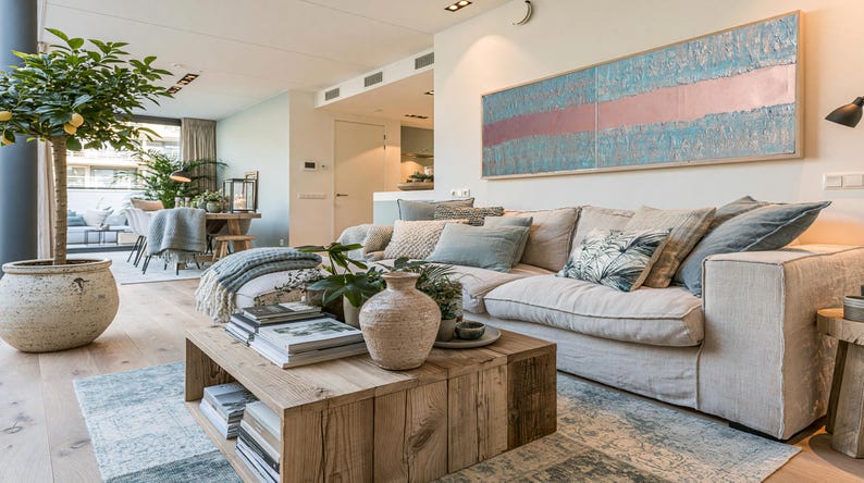 a modern and stylish living room with a large white sofa, a wooden coffee table, and various decorative elements such as potted plants, vases, and books.