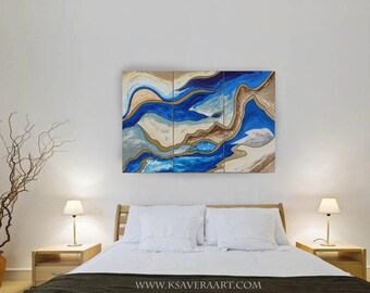 tryptych blue and gold Abstract Paintings A793 modern wall art for Lounge, Office, Sleeping room or above sofa by Ksavera
