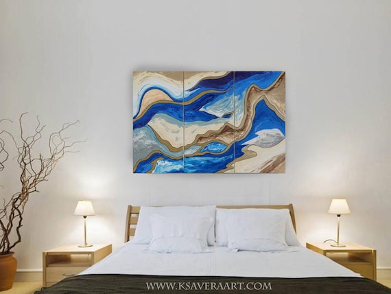 tryptych blue and gold Abstract Paintings A793 modern wall art for Lounge, Office, Sleeping room or above sofa by Ksavera