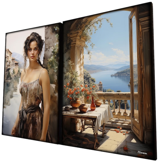 Belle Epoque DS0660 by artist Ksavera - set of 2 giclee prints on stretched canvas, black or gold edges. READY to HANG - diptych, portrait