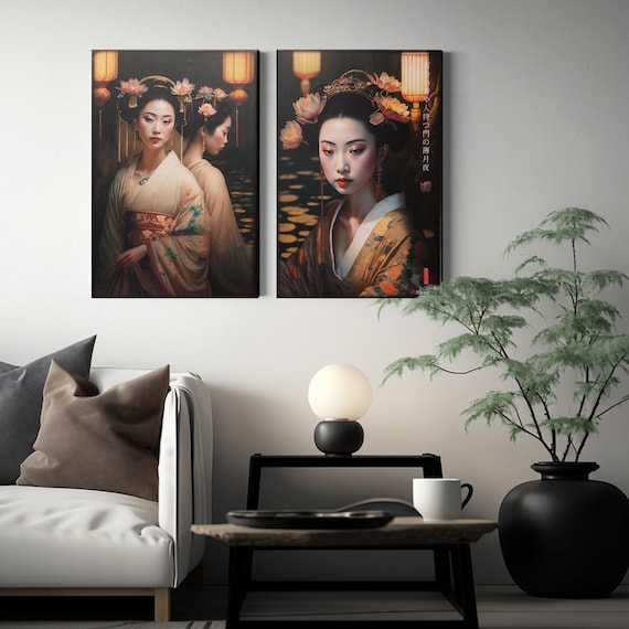 Japanese gold geisha DS0245 by artist Ksavera - set of 2 giclee prints on stretched canvas, black or gold edges. READY to HANG - diptych