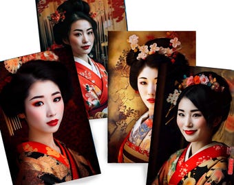 Japanese geisha DS0273 by Ksavera - Digital print set of 4 - synthography fine art prints - Printed on glossy premium fine art photo paper