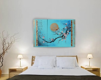 Japanese painting sakura branch sun and birds Japan Hieroglyph original artwork in japanese style J189 wall art by artist Ksavera
