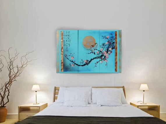 Japanese painting sakura branch sun and birds Japan Hieroglyph original artwork in japanese style J189 wall art by artist Ksavera