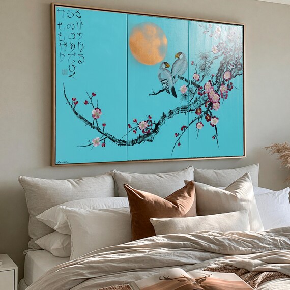 Japanese sakura J290 - turquoise triptych, original painting, japanese style paintings by artist Ksavera