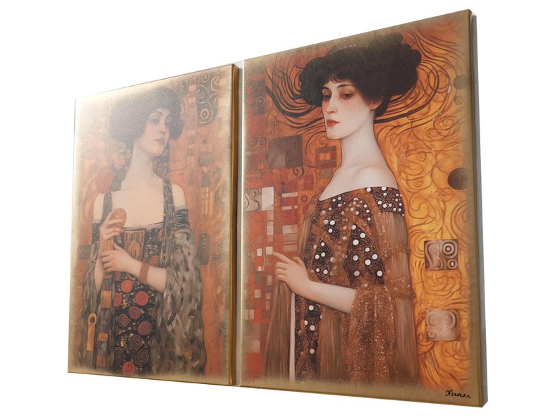 The image is a framed artwork featuring two paintings of women in elegant dresses. The paintings are set against a golden background with intricate patterns and designs.