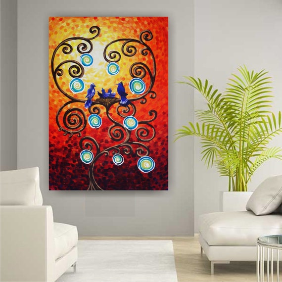 PAINTING GIFT for mom of 2 children nest on the TREE of LiFE Large orange 110x160 cm Red Original extra large wall art unstretched canvas