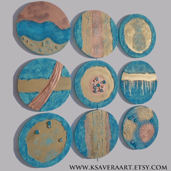 gold blue 9 round abstract paintings textured A290 modern wall art for living room original paintings by artist Ksavera