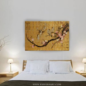 Japan art cherry blossom and love birds Japanese style Zen painting J135 Large paintings acrylic gold wall art by artist Ksavera image 4