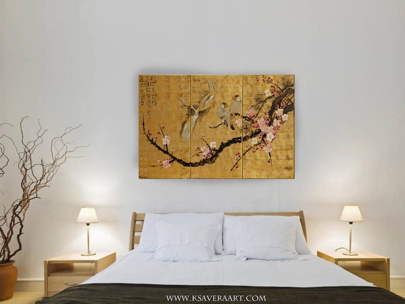 Japan art cherry blossom and love birds Japanese style Zen painting J135 Large paintings acrylic gold wall art by artist Ksavera image 4