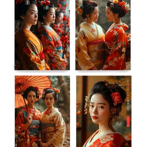 Puede incluir: Cuatro im&aacute;genes de mujeres con kimonos japoneses tradicionales. Los kimonos presentan estampados florales en rojo, naranja y amarillo. Las mujeres lucen peinados elaborados adornados con flores. Una imagen incluye un parasol.