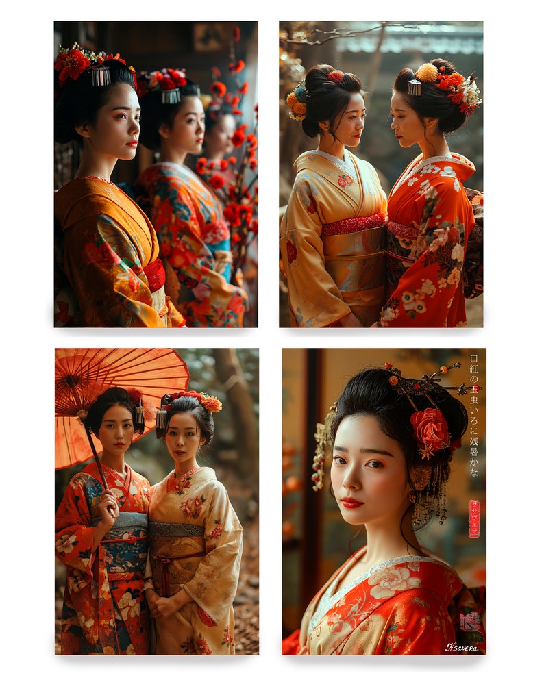Puede incluir: Cuatro im&aacute;genes de mujeres con kimonos japoneses tradicionales. Los kimonos presentan estampados florales en rojo, naranja y amarillo. Las mujeres lucen peinados elaborados adornados con flores. Una imagen incluye un parasol.