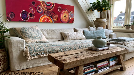 Abstract Red Circles Painting A041 Acrylic on Canvas Diptych by Ksavera