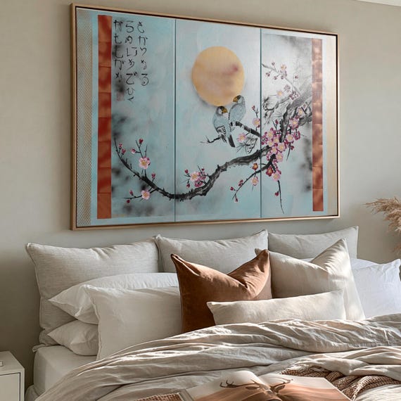 Japan art cherry blossom and love birds Japanese style painting J232 Large paintings stretched canvas by artist Ksavera