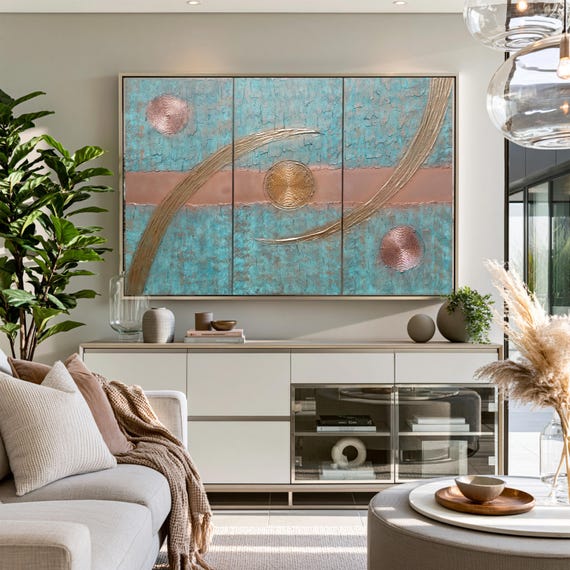 Copper Patina Abstract painting A1211 by artist Ksavera - large textured triptych, original abstract textured paintings - READY to HANG