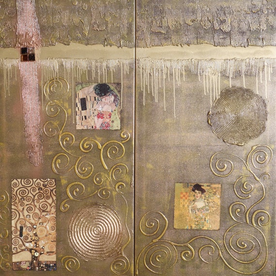 Gold Klimt Abstract Painting diptych textured wall art A182 Acrylic Contemporary Art by KSAVERA mid century modern art