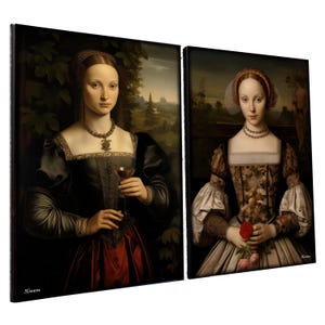 two paintings of women in period dresses, one holding a wine glass and the other holding a rose.