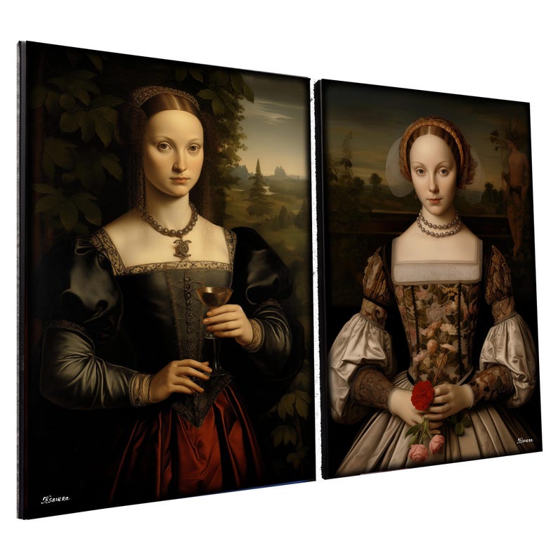 two paintings of women in period dresses, one holding a wine glass and the other holding a rose.