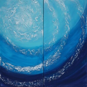 The image is a two-panel abstract painting featuring a blue and white color scheme. The left panel depicts a large sunburst or star-like shape in the center, while the right panel shows a swirling, wavy pattern of blue and white brushstrokes.