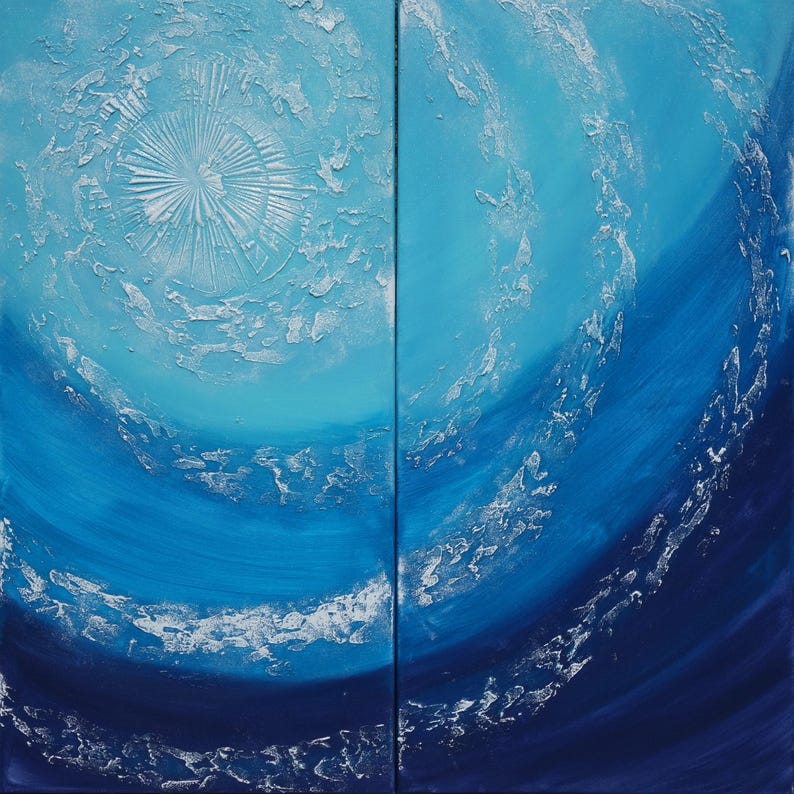 The image is a two-panel abstract painting featuring a blue and white color scheme. The left panel depicts a large sunburst or star-like shape in the center, while the right panel shows a swirling, wavy pattern of blue and white brushstrokes.