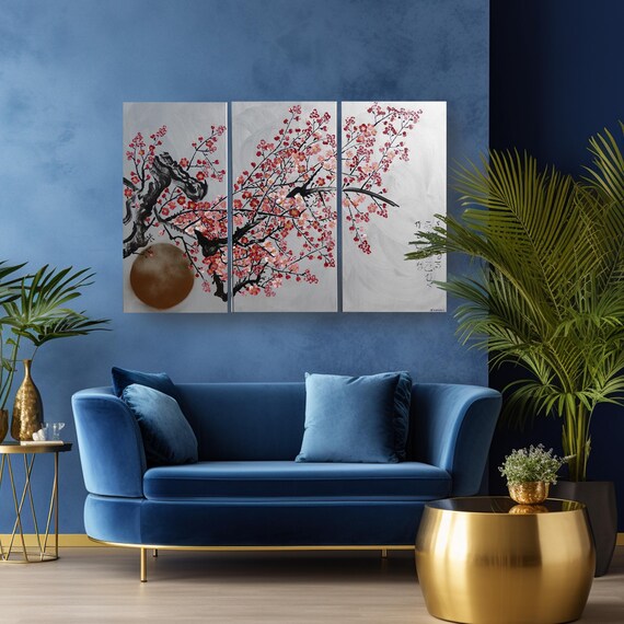Silver sakura J406 Japan art cherry blossom Japanese style painting canvas original acrylic paintings gold wall art by artist Ksavera
