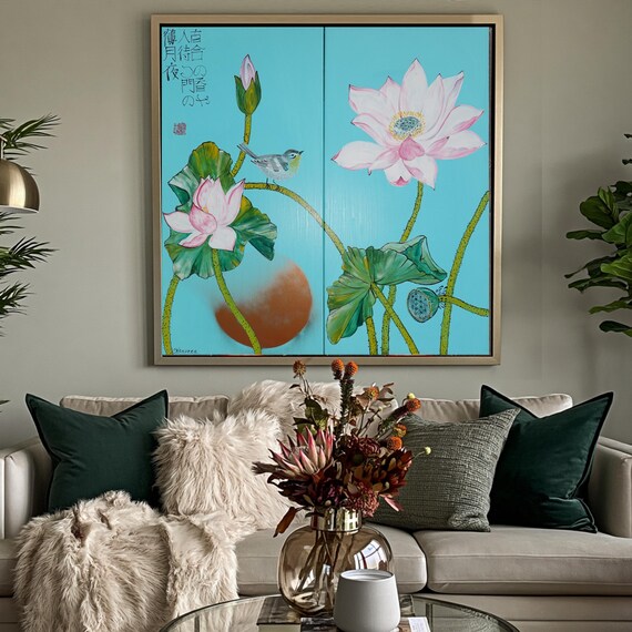Lotus and Bird Painting J338 Japandi Style Acrylic Art Turquoise Diptych by Ksavera