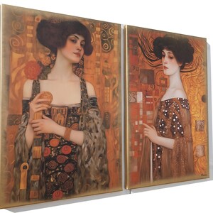 The image is a painting of two women, one wearing a black dress with a floral pattern and the other wearing a brown dress with polka dots, both with distinct hairstyles.