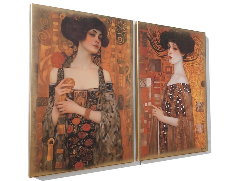 The image is a painting of two women, one wearing a black dress with a floral pattern and the other wearing a brown dress with polka dots, both with distinct hairstyles.