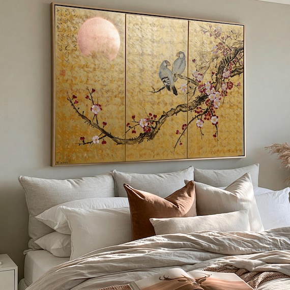 Triptych Wall Art J352 Japanese Cherry Blossoms Gold Acrylic on Canvas by Ksavera